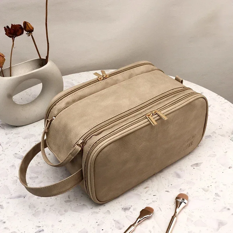 trousse de maquillage multifonctionnelle pour femme, cuir pu, grande capacité, portable, double fermeture éclair, voyage, brosse à maquillage, rangement d'articles de toilette