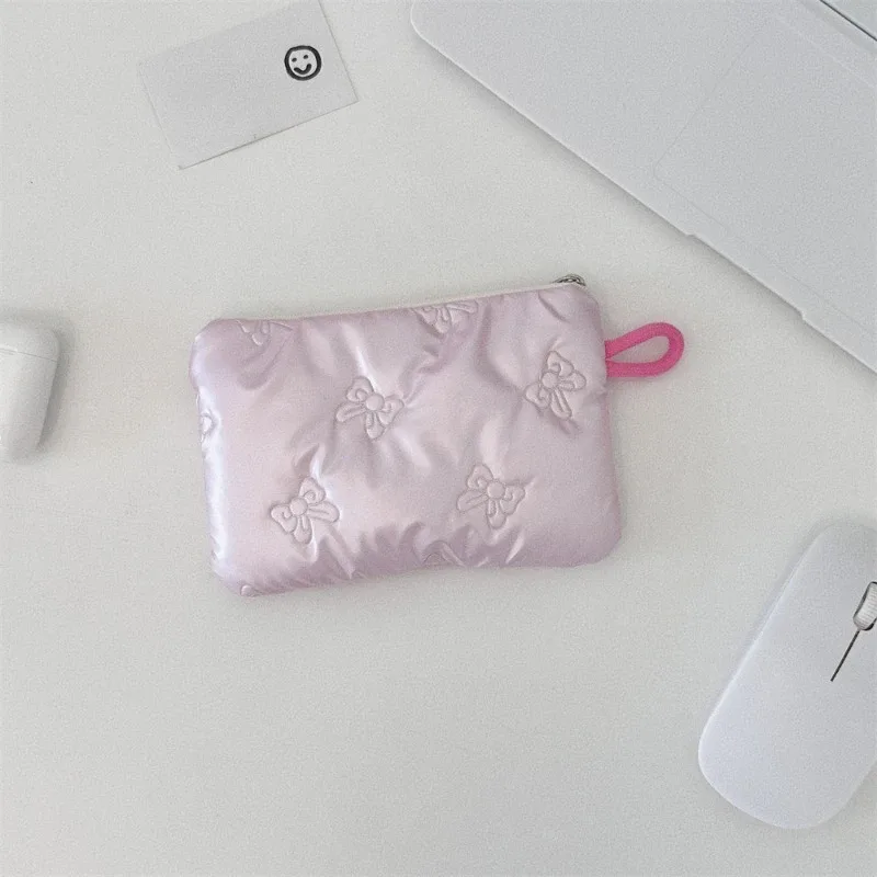 porte-monnaie à motif de nœud argenté pour femme, portefeuille pour écouteurs, pochette à fermeture éclair, trousse à cosmétiques en poudre, prédire