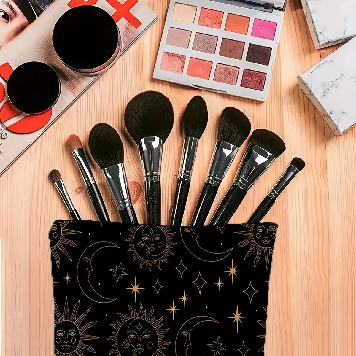 trousse de maquillage sur le thème des sorcières, sacs à cosmétiques soleil et lune foncés avec fermeture à glissière, trousse de toilette de voyage pliable, usage quotidien pour halloween