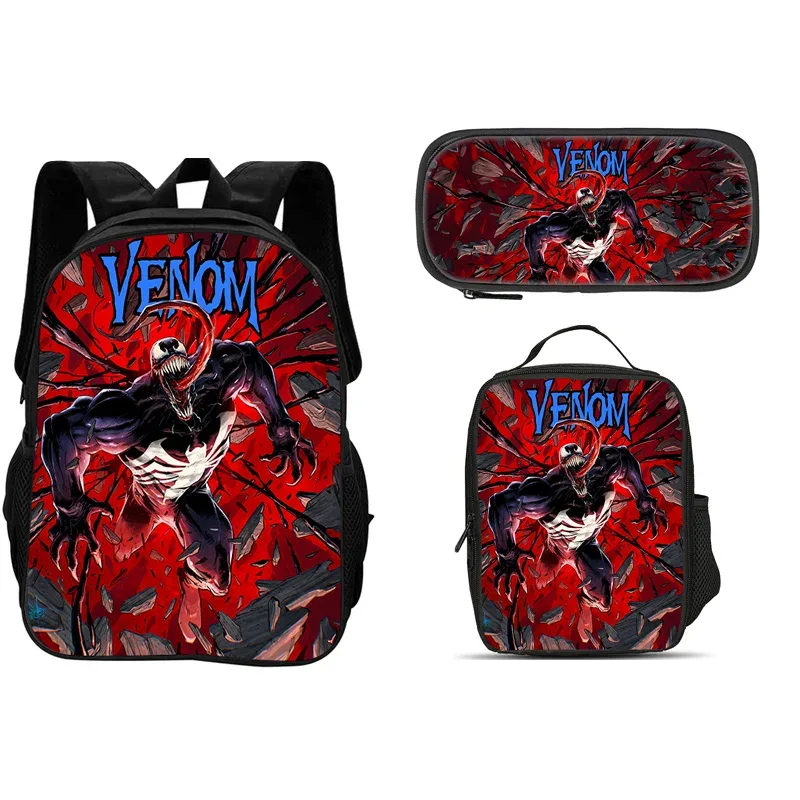 ensemble de 3 pièces du film venom : sac à dos + sac à lunch + trousse à crayons, papeterie de voyage à la mode, cadeau pour enfants, école, polyvalent