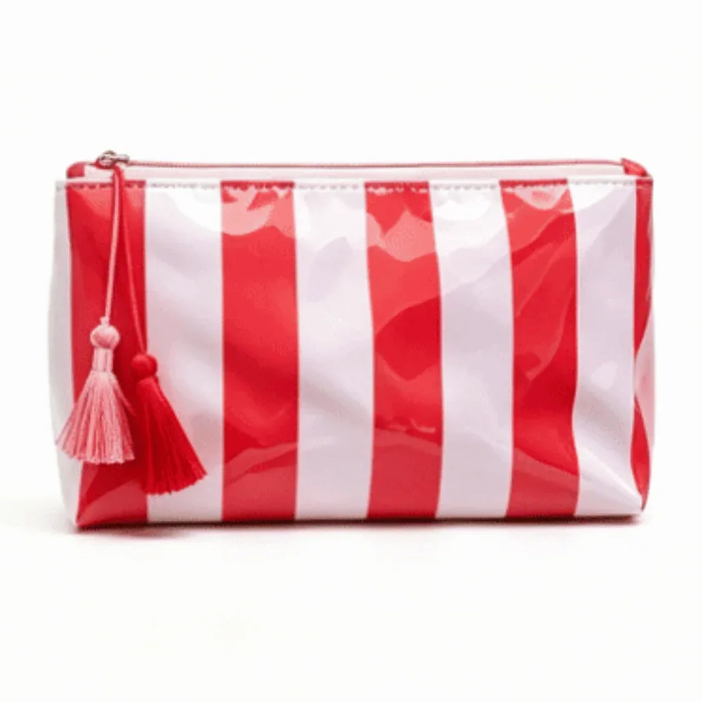 sac de toilette imperméable à rayures, grande capacité, doublure en polyester, sac de toilette en pvc, couleur contrastée, sac de rangement simple pour la plage