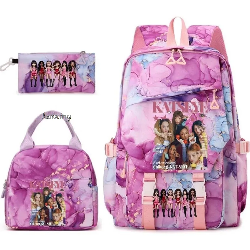 nouveaux sacs à dos katseye à imprimé amusant, 3 pièces/ensemble, sac d'école pour étudiants, sac de voyage pour adolescents, filles et garçons, sacs à lunch, sac à dos