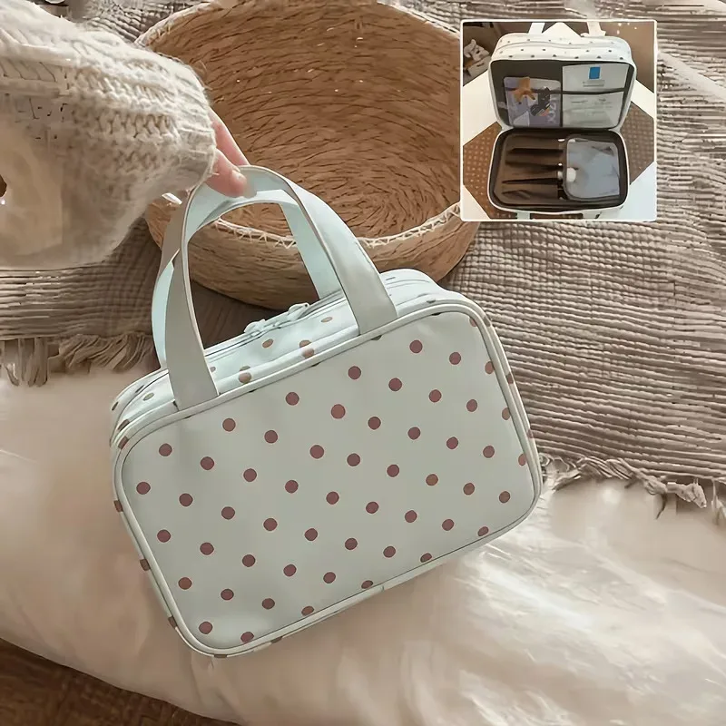 sac de maquillage portable pour femme avec pois menthe, compartiment à trois couches, sac de rangement cosmétique portable de grande capacité pour les voyages