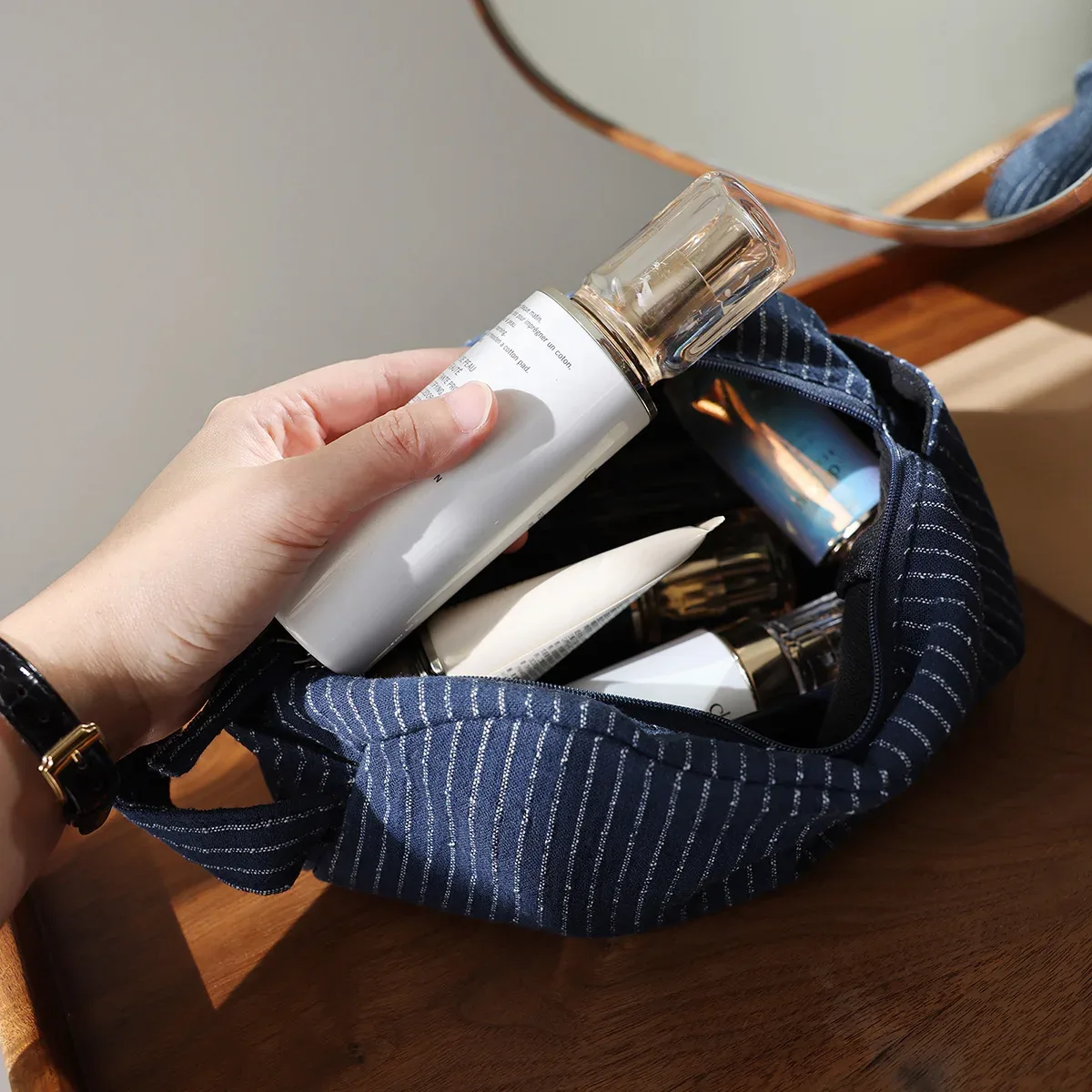 sac cosmétique portable à rayures classiques, grande capacité, coton, tissu de lin, fermeture éclair sombre, soins de la peau, voyage, rangement portable