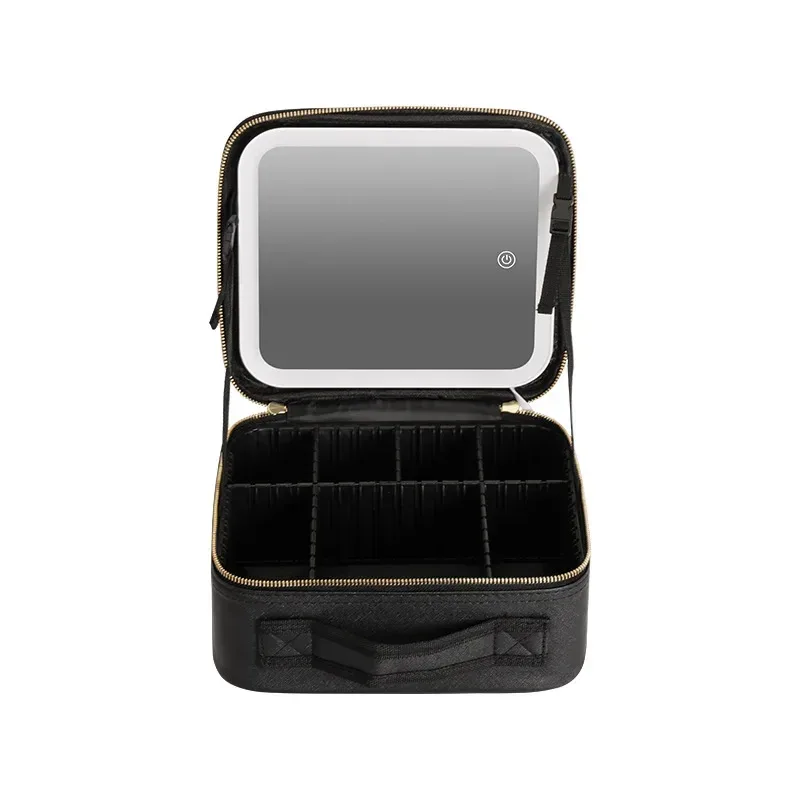 trousse de maquillage grande capacité avec miroir et lumière led, sac de retouche portable professionnel, style ins, couleur unie, autres matériaux