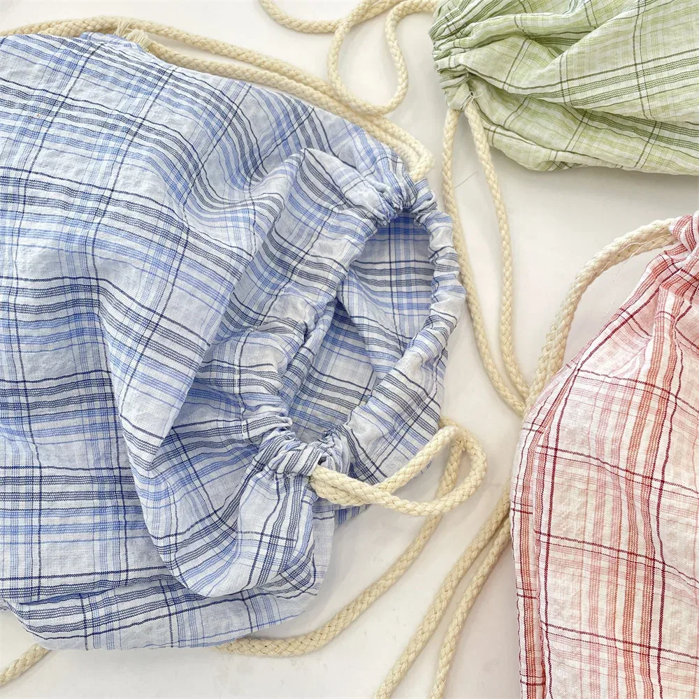 sac à dos d'été pour femmes, sac à dos à deux épaules avec cordon de serrage, sac à dos kawaii pour adolescentes, sac à dos coréen en toile ultra légère à carreaux