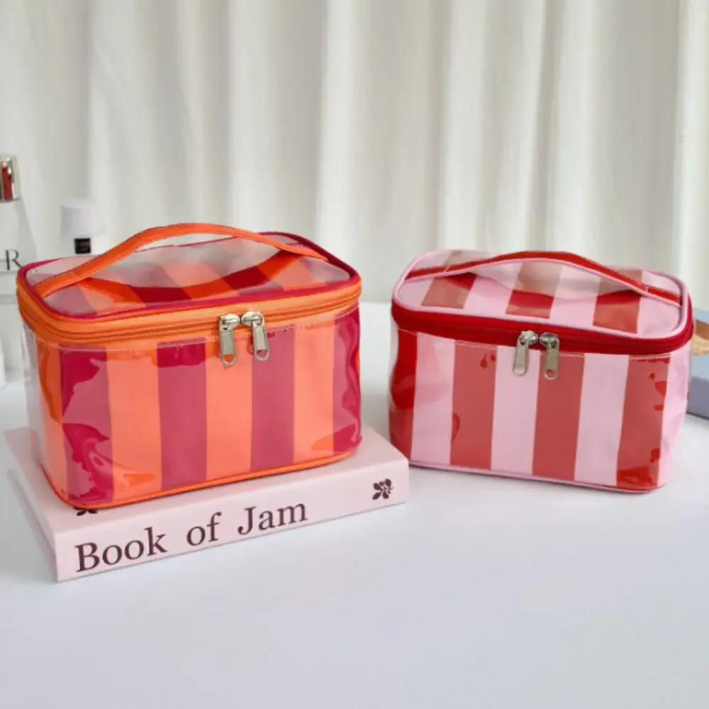 sac de rangement pour articles de toilette à rayures, en pvc, durable, sac de voyage pour cosmétiques, étanche, léger, étui pour pinceaux de maquillage