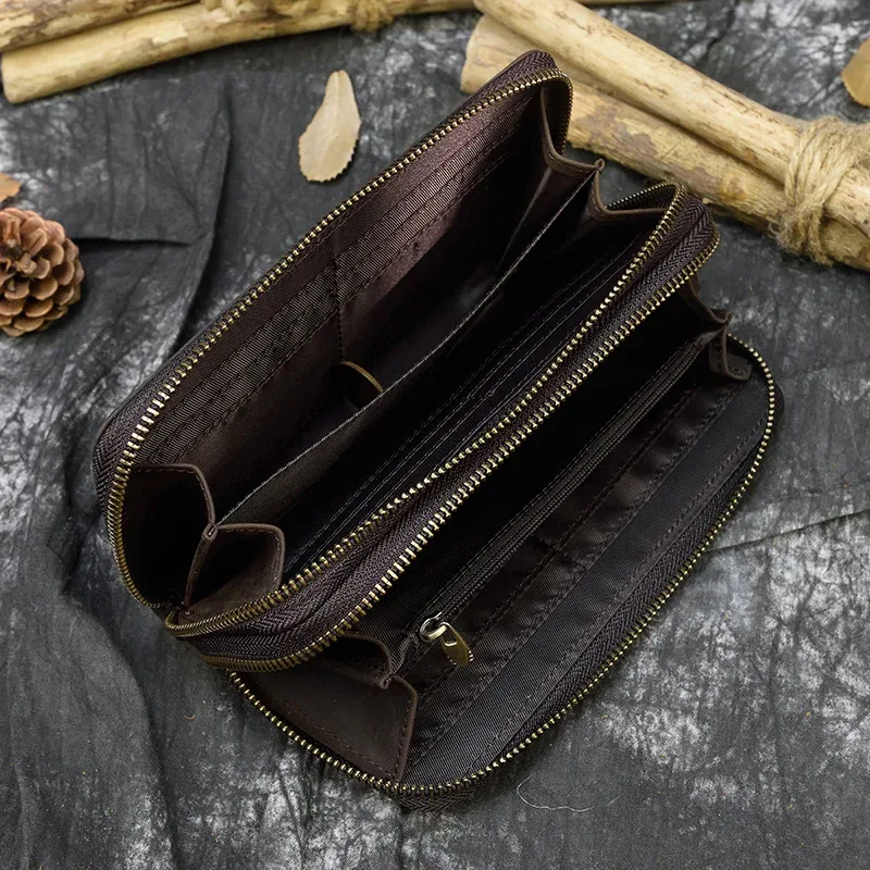 luufan-long sac à main en cuir de cheval vintage pour hommes et femmes, portefeuilles à double fermeture éclair pour carte de crédit, pochette pour homme