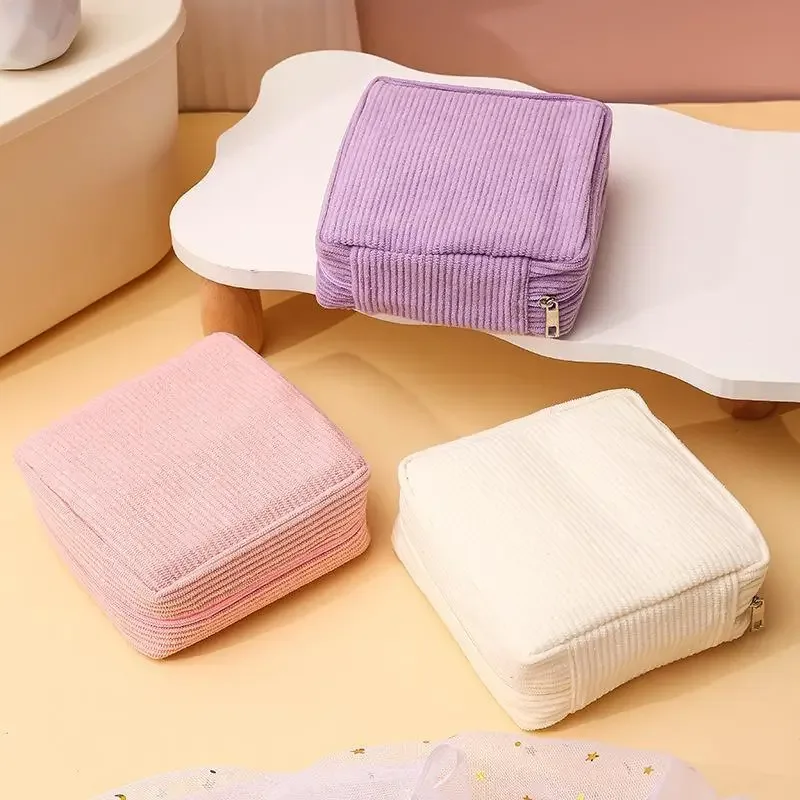 sac de rangement pour serviettes hygiéniques en velours côtelé, surface douce, fermeture éclair sécurisée, pour usage quotidien, organisateur de sac à main de voyage