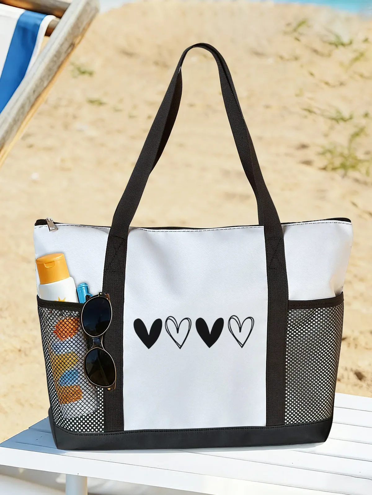 sac de plage noir à imprimé cœurs, avec poche latérale en maille, fermeture éclair, imperméable, sac à bandoulière de voyage