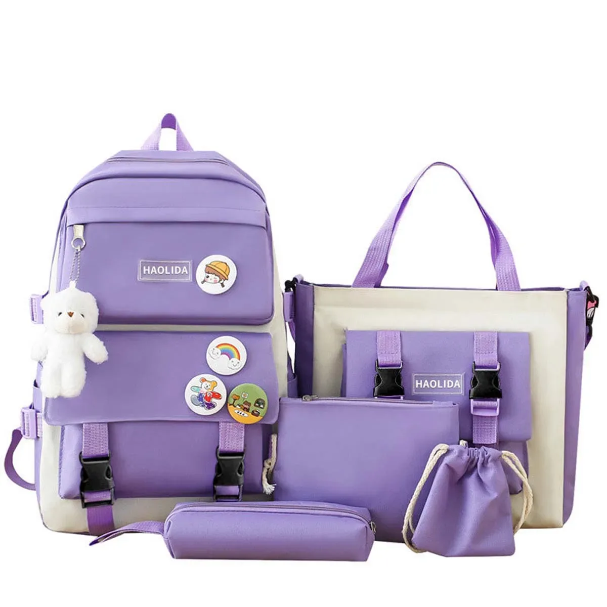 sac dos toile lavande rose pastel dessin animé ours blanc arc ciel polyester polyestride couche intermédiaire informatique ceinture coussin air voyage décontracté