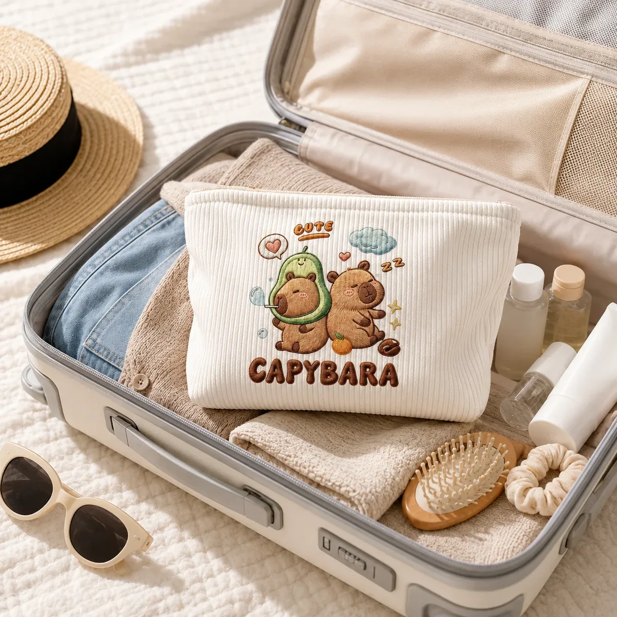 trousse de maquillage mignonne capybara en velours côtelé, grande capacité, pochette zippée pour femmes, organisateur de toilette de voyage, rangement beauté