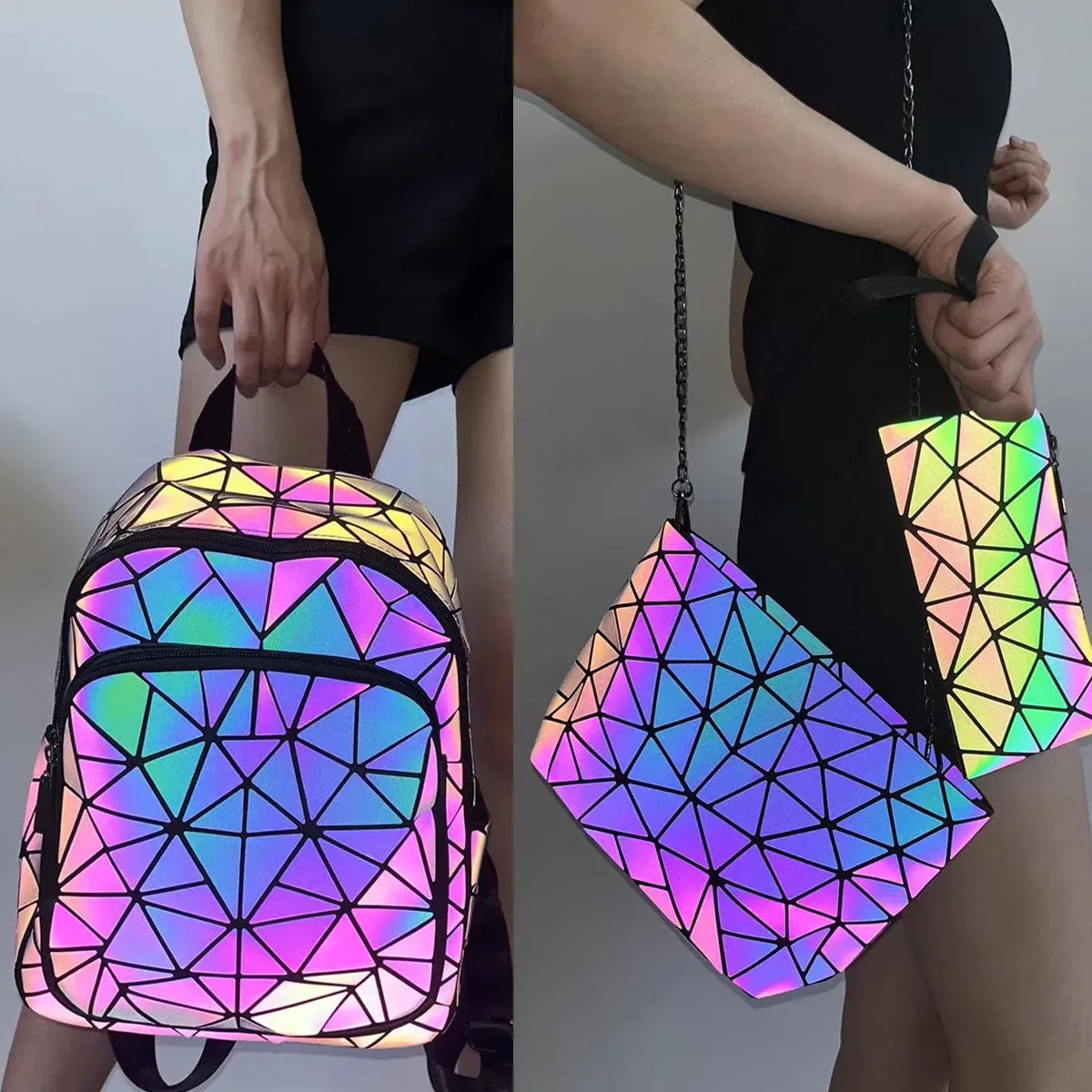 sac à dos lumineux tendance pour femmes, en pvc holographique, géométrique, pour adolescentes, sac à dos de voyage, mochila feminina.