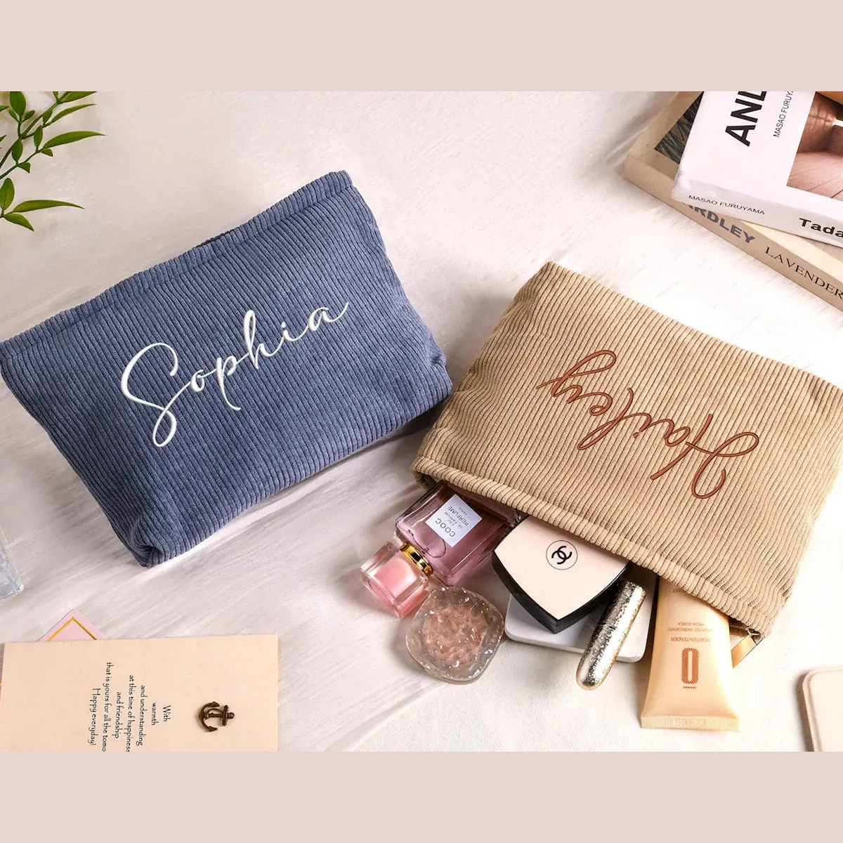 pochette à maquillage en velours côtelé personnalisée, pochette de rangement texturée douce pour ranger les cosmétiques, idéale pour un usage quotidien, les vacances à la plage et les voyages