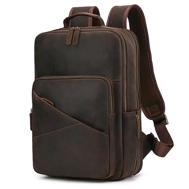 sac dos cuir vache marron vintage robuste bandoulière amovible poches zippees polyester 20 35 litres voyage école affaires