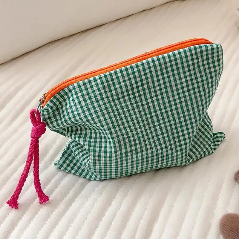 sac de maquillage à carreaux avec fermeture éclair, pochette de rangement en coton, sac à cosmétiques de grande capacité, sac de rangement portable pour femmes, sac à main simple