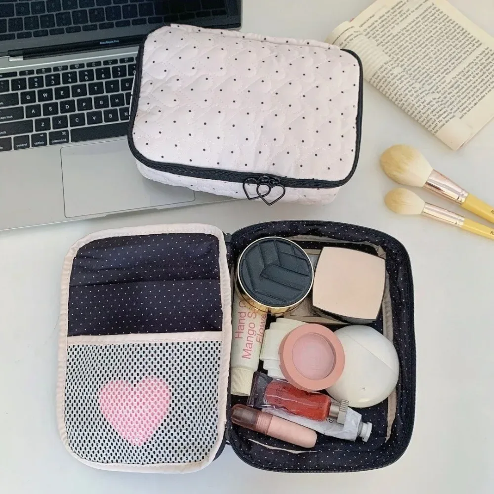 trousse de toilette matelassée à pois pour femme, grande capacité, sac de maquillage de voyage, organiseur de toilette à fermeture éclair, étui de rangement multifonctionnel pour produits de beauté