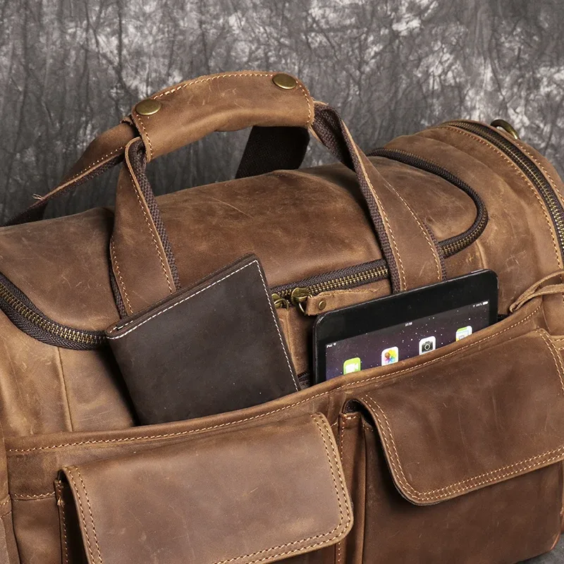 sac à main rétro marron pour hommes, sacoche en cuir de cheval fou, sac de voyage de grande capacité, sac d'affaires de week-end, sacoche à épaule unique