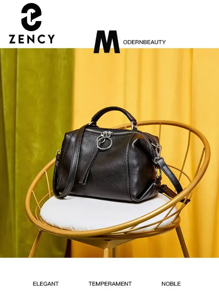 zency – sac à bandoulière noir de créateur pour femmes, sac à main en cuir véritable 100%, taille moyenne pour la vie quotidienne avec deux sangles