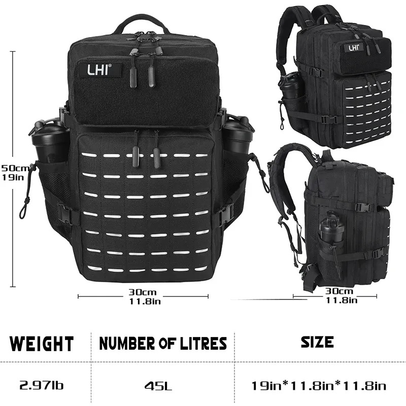 lhi 45l sac à dos tactique hommes noir spotrs athlète sac de sport camping en plein air randonnée sac à dos armée assaut pack avec porte-bouteille