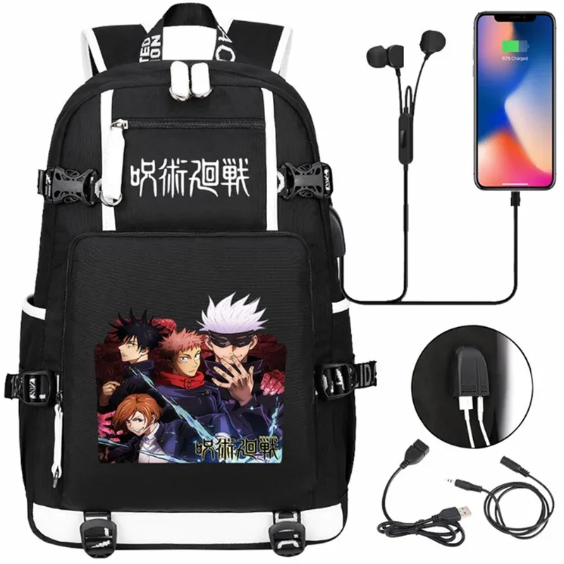 jujutsu kaimmer-sacs à dos college pour hommes et femmes, cartable anime pour adolescents, port de charge usb décontracté, sacs d'extérieur pour ordinateur portable, noir, mochila