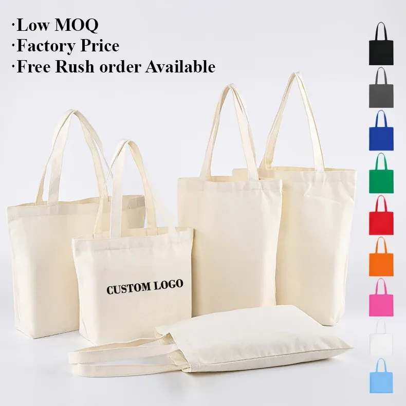 100 pièces/lot, vente en gros, sacs fourre-tout en toile de grande capacité, logo personnalisé, sacs réutilisables en coton écologique, sacs de courses promotionnels