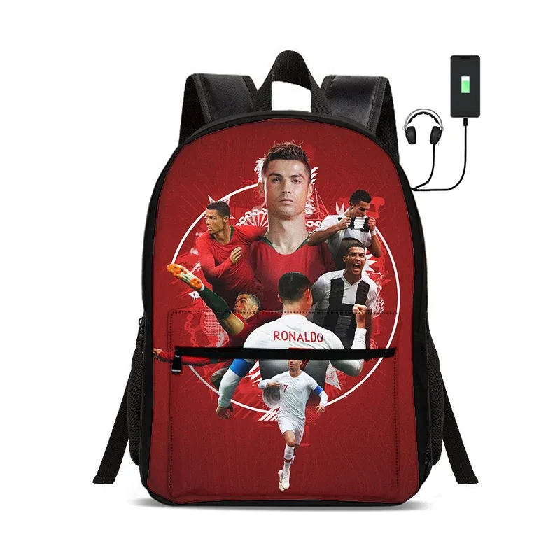 sac à dos de star du football avec interface usb, sac à dos ronaldo pour étudiants, sac à dos pour garçons et filles, meilleur cadeau