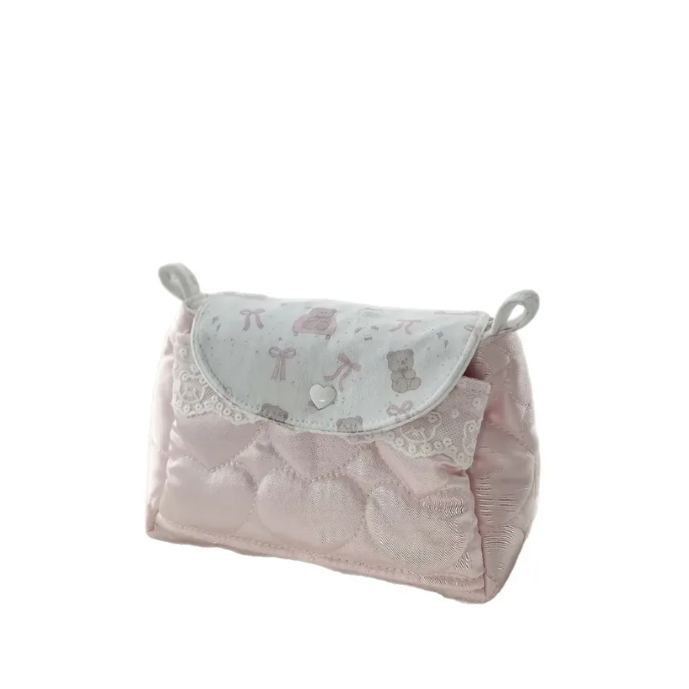pochette de rangement 3 couches motif ours mignon, style ins, haut de gamme, faite main en coton et lin, organiseur de voyage multifonctionnel, trousse de maquillage diy
