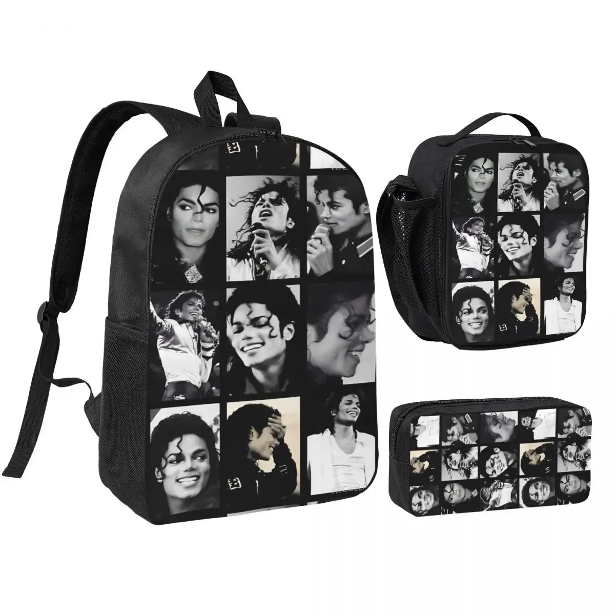 sac à dos mj pop king 3 pièces/ensemble pour étudiant, sac à bandoulière, sac à déjeuner, trousse à crayons