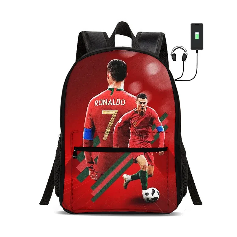sac à dos de star du football avec interface usb, sac à dos ronaldo pour étudiants, sac à dos pour garçons et filles, meilleur cadeau