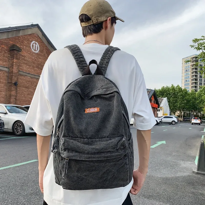 sacs à dos en toile décontractés unisexes, sacs d'école en coton, cartables en denim de grande capacité, forfaits de voyage doux pour gril, noir uni, 100%