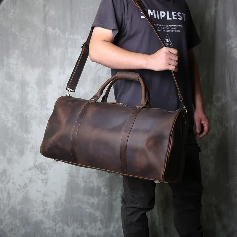 sac de voyage vintage en cuir véritable pour hommes, grande capacité, bandoulière horizontale en cuir de cheval fou, valise portable