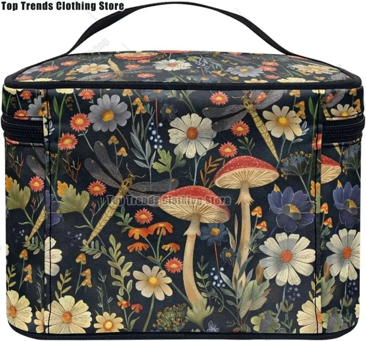 trousse polyester motif floral champignons poignée noire bleu jaune rouge vert voyage maquillage cosmétiques