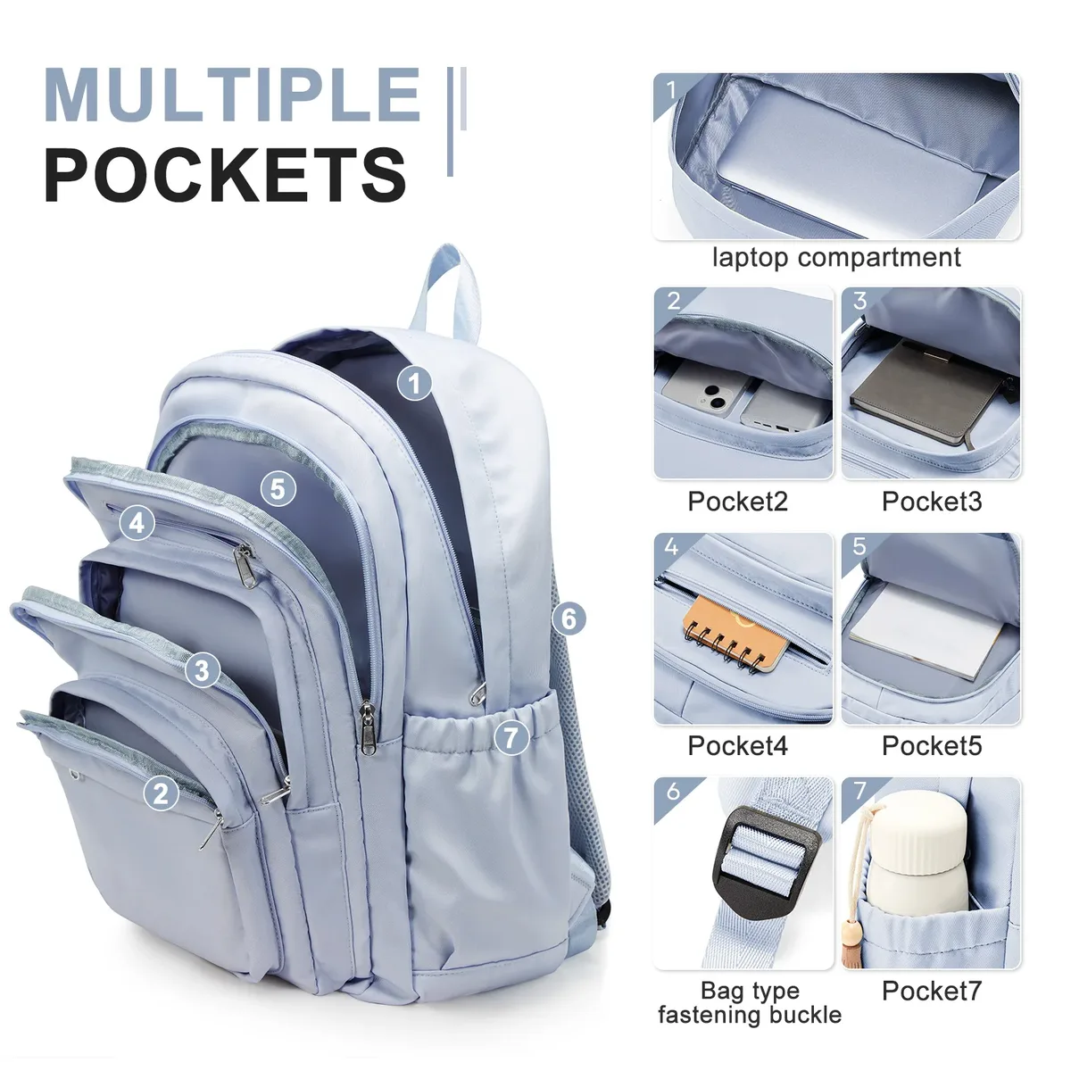 sac à dos décontracté en nylon, sac à dos pour femme, design multi-poches en bleu clair durable pour l'école, le lycée et l'université