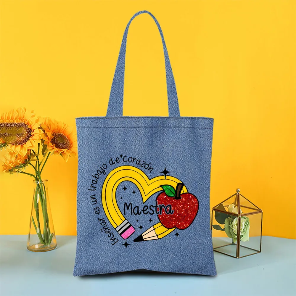 sac fourre-tout en denim peint pour enseignant arc-en-ciel, sacs de shopping pour femmes, sacs à main de voyage, fourre-tout pour la journée des enseignants, cadeaux de remerciement pour les enseignants