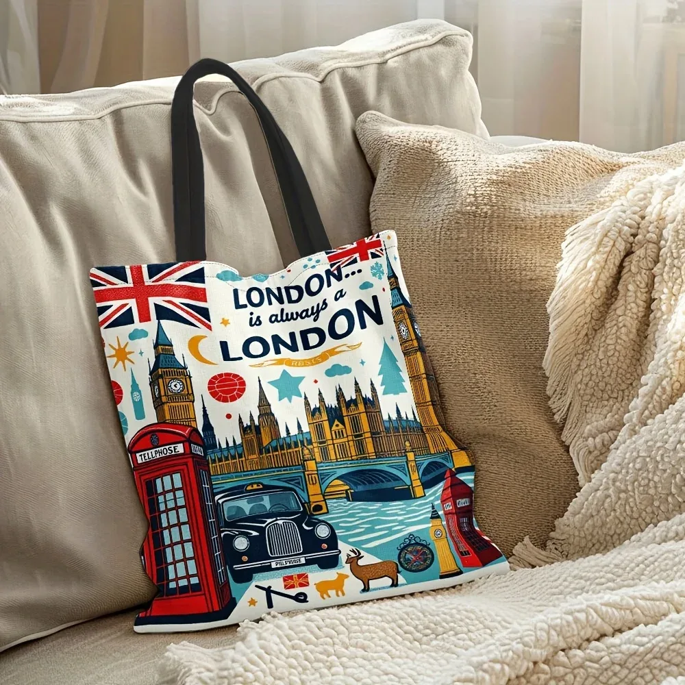 sac fourre-tout d'épicerie réutilisable pour femmes, design sur le thème de londres, big ben, cabines téléphoniques rouges, union jack, sac de courses en polyester de grande capacité