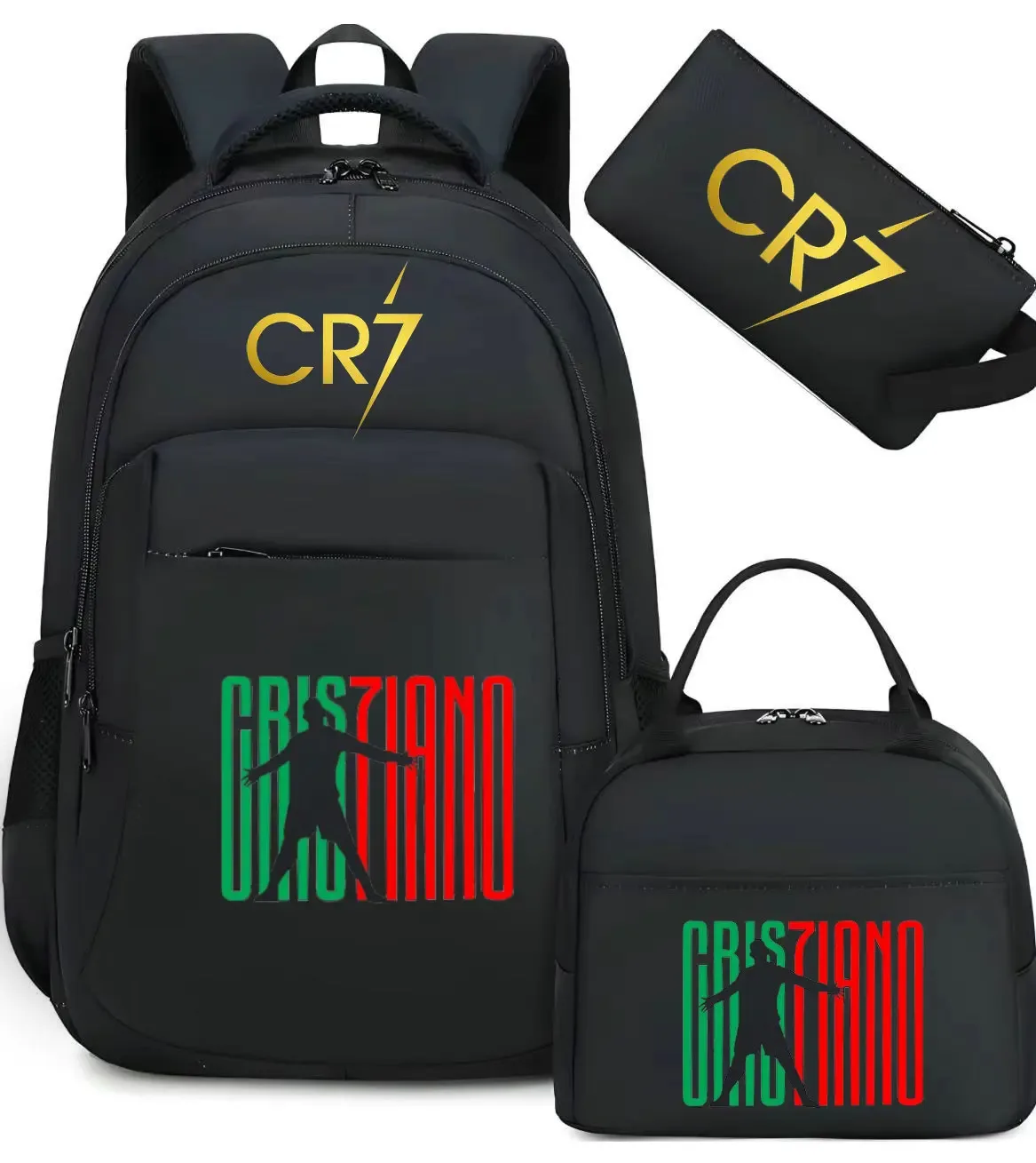 sac polyestere noir motif graphique sac dos pochette lunch cr7 cristiano voyage école adolescents femmes hommes
