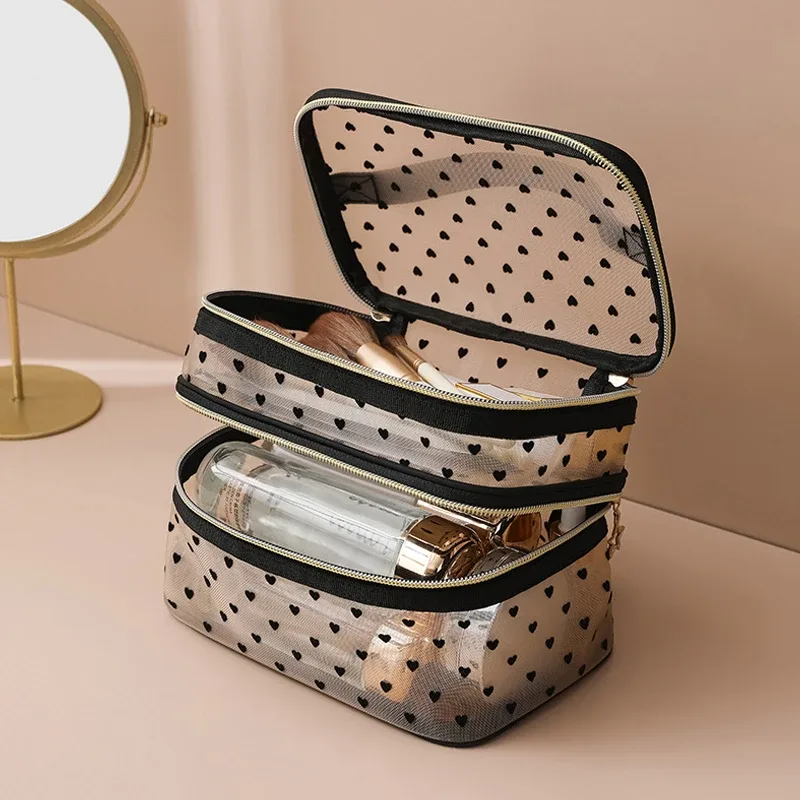 trousse de maquillage en maille de grande capacité, essentiels de voyage, trousse de toilette pour cosmétiques, design à double couche