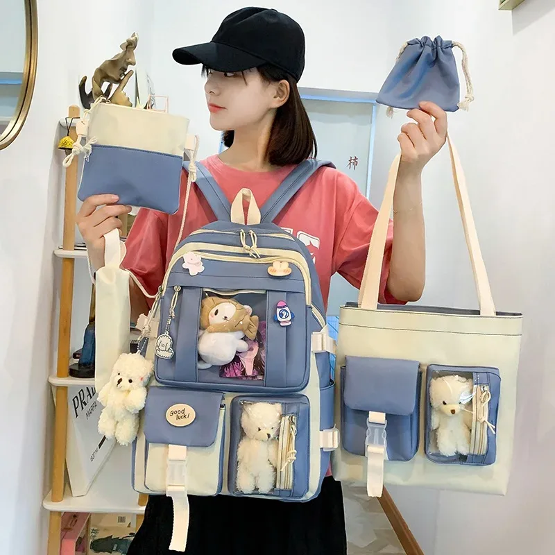 sacs d'école mignons kawaii pour filles, rose, bleu, vert, ensembles de 5 pièces, sac à dos étanche pour femmes, cartable décontracté coréen, mode 2023