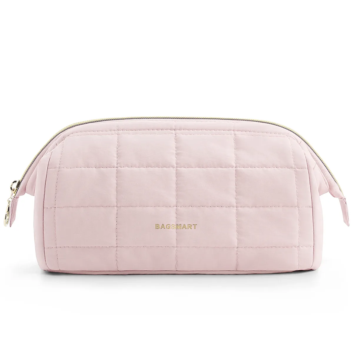 trousse toilette cosmétique taslan rose motif coutures quadrillées rectangulaire glissière dorée voyage femmes maquillage
