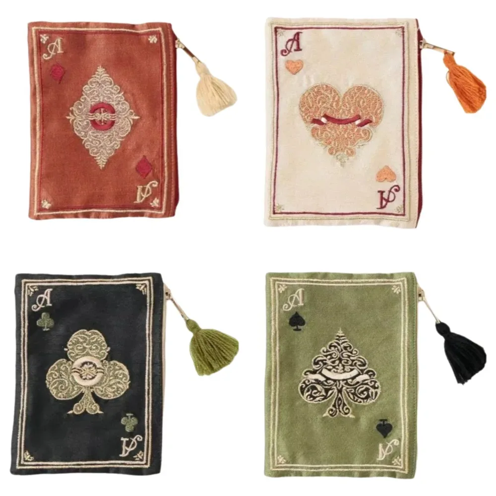 nouvelle trousse à cosmétiques brodée à la main, style ethnique, sac portable pour monnaie et cartes, motif rétro de cartes à jouer, sac de rangement à franges