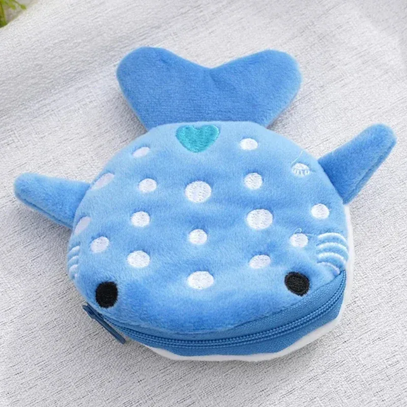 porte-monnaie en peluche mignon requin baleine dessin animé, portefeuille kawaii portable, sac à monnaie, organiseur de clés et écouteurs, pochette zippée