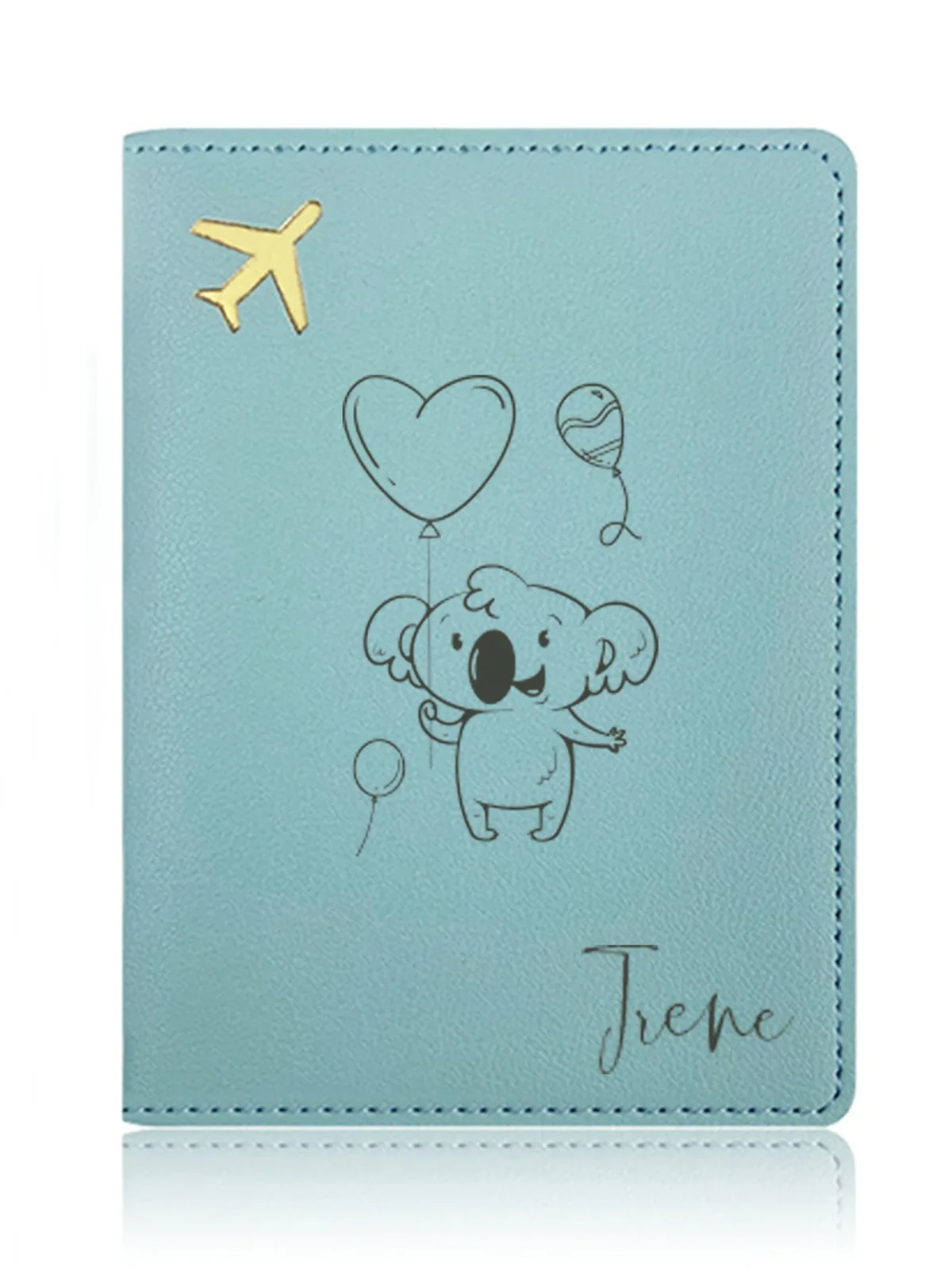 pochette ordinateur portable cuir bleu pastel motif koala ballons cœur irene bordure dorée voyage usage personnalisation cadeau souvenir