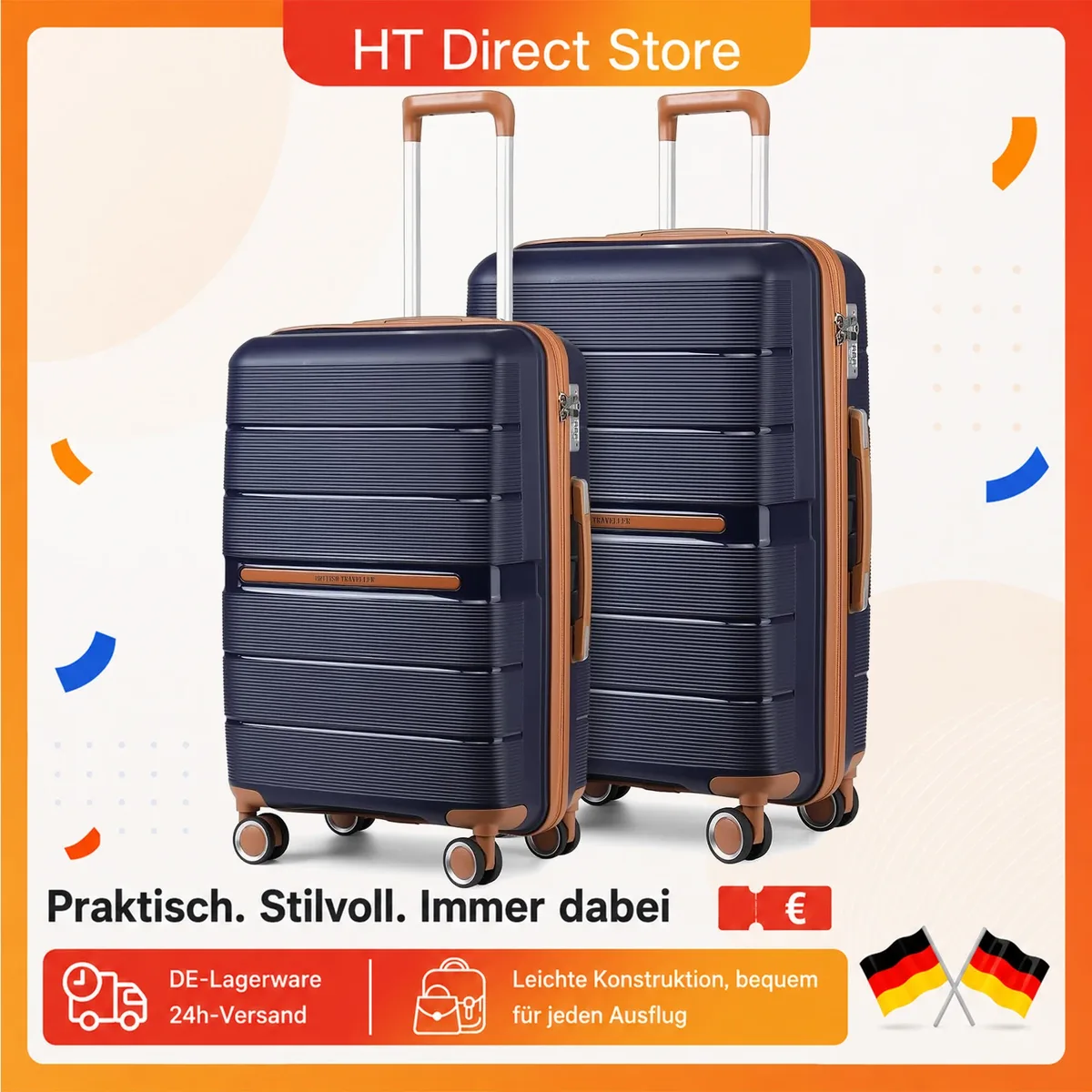 British Traveller Ensemble valises rigides 100 % PP, 24+28 pouces avec 8 roues multidirectionnelles et serrure TSA | Solide set trolley, valise cabine idéale pour tous vos voyages
