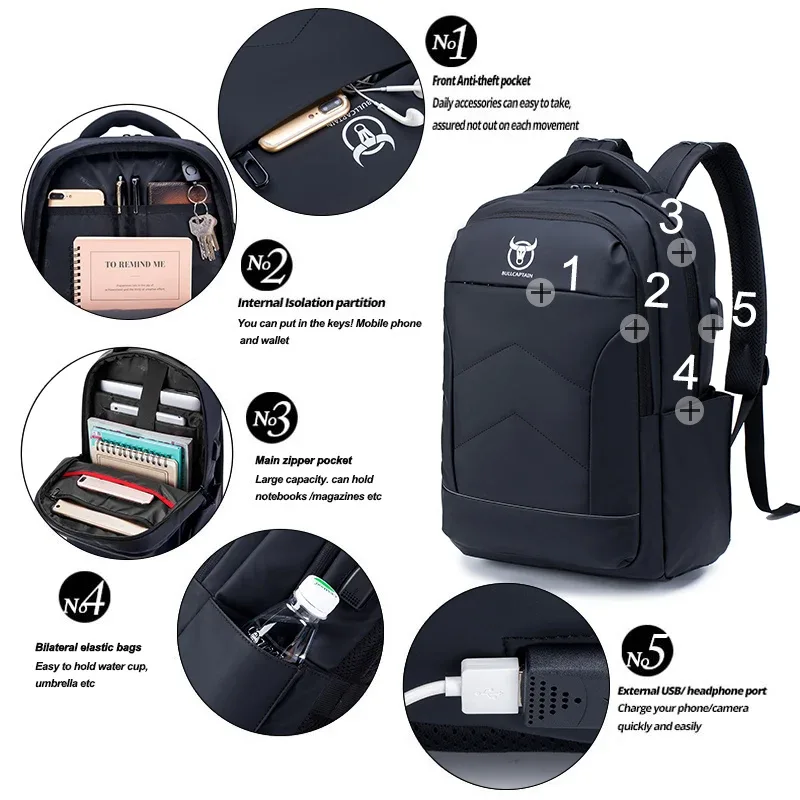 bullcaptain-sac à dos multifonction pour homme, chargement usb, mode business, décontracté, voyage, antivol, étanche, ordinateur portable 15.6 pouces