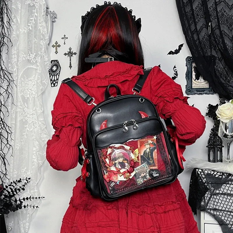 sac à dos gothique ita de grande capacité avec poche transparente pour femme, présentoir d'insigne, punk, de jour, cosplay, 3 voies