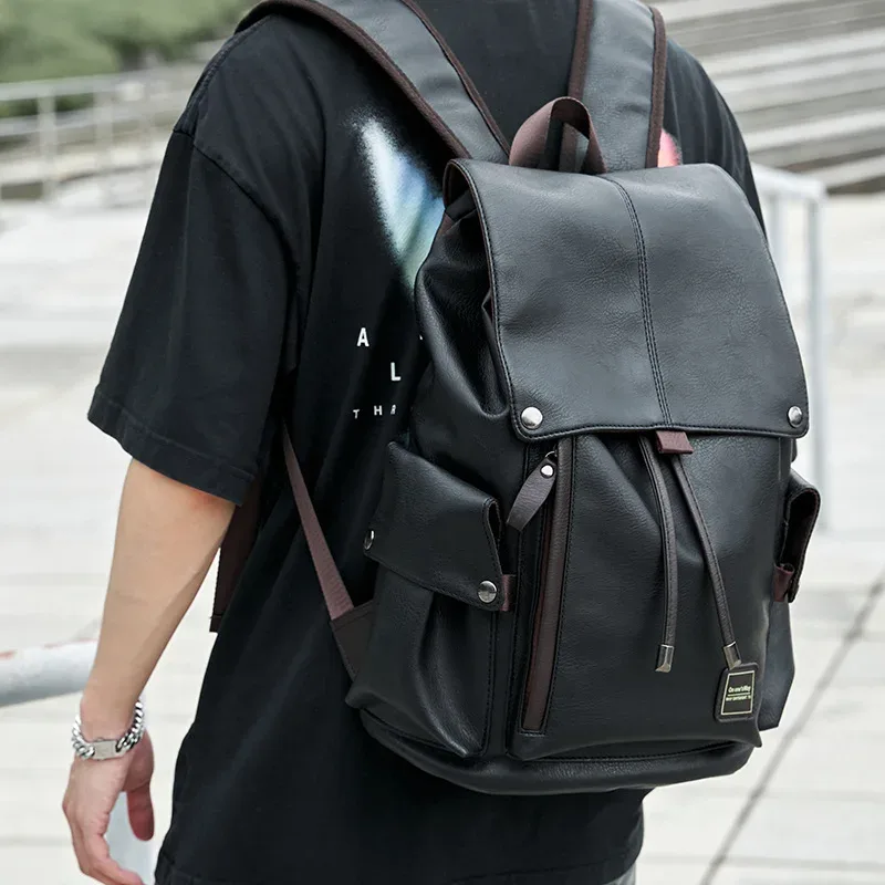 sac à dos à cordon de serrage pour hommes, sac à dos de voyage en cuir pu souple, sac pour ordinateur portable de 14 pouces, sac d'école décontracté, mochila rucksacks
