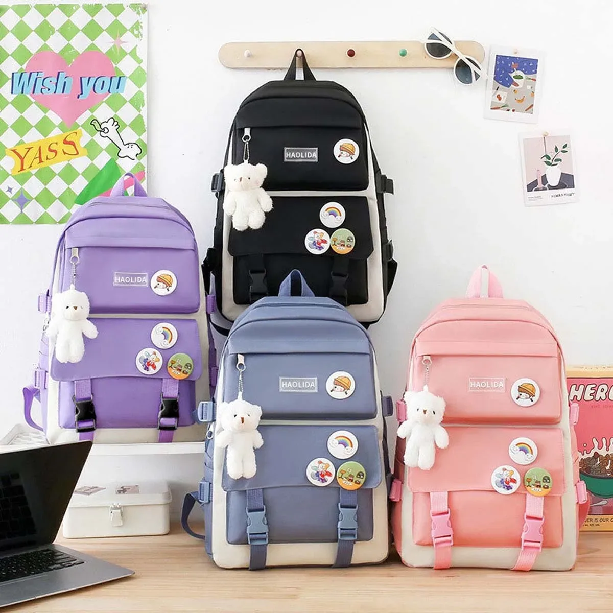 sac dos toile lavande rose pastel dessin animé ours blanc arc ciel polyester polyestride couche intermédiaire informatique ceinture coussin air voyage décontracté