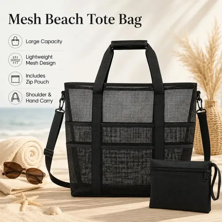sac de plage en maille portable grande capacité, sac fourre-tout à bandoulière pour vacances d'été, natation et voyage