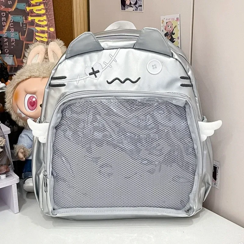 sac à dos chat mignon pour femme, sacs à dos esthétiques féminins, nylon, style japonais, mode décontractée, sac ita transparent, grande capacité